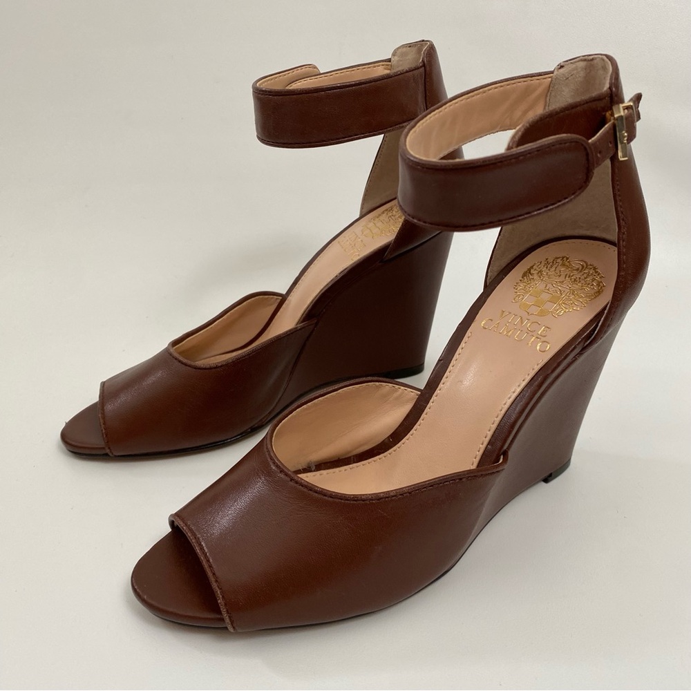 Vince Camuto Peep Toe Wedge Ankle Strap Size 7 Brown Heeled Sandals Women’s - Picture 12 of 14